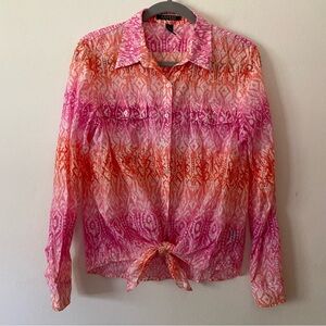 Lauren Ralph Lauren 100% Cotton Ombré Button Up Tie Front Top